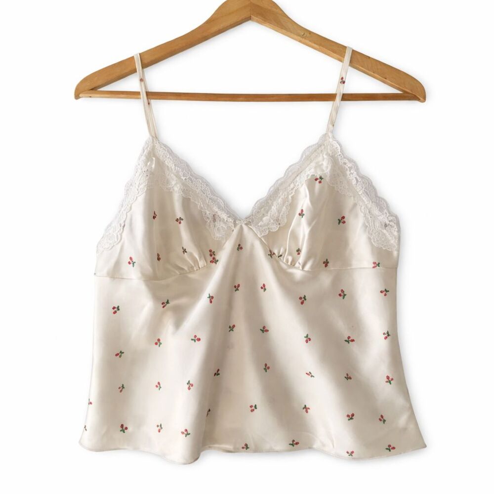 Y2K Style Cherry Print Babydoll Satin Slip White Lace Ivory Cami Top Sz M